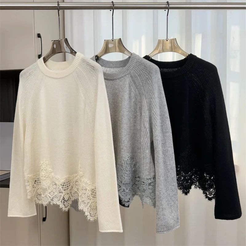 Women's sweater New elastic knitted Women's long sleeve top for spring 2026 Lace patchwork round neck pullover Wool blend tops - AliExpress Sweaters&Jumpers