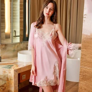 19 Momme 100% Real Silk Lace Trim Chemise and Robe Set Women's Spring Sling Nightdress with Kimono Bath Robes Lingerie Sleepwear - AliExpress Women's Sleep & Lounge