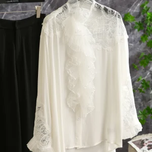 Loose Fit Silk Cotton Lace Hollow out Lantern Sleeve Shirt with Bow Detail Original Design Women's Summer Top White - AliExpress Shirts & Blouses