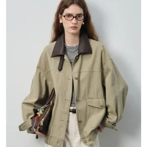 VEGA CHANG Women's ort Casual Jaet 2026 Spring New Vintage Patchwork Leather Collar ket Workwear Sle Button Decor - AliExpress Sweaters&Jumpers