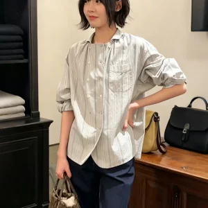Striped Cotton Shirt Women's Loose Fit Vintage Long Sleeve Thin Summer Button up Cardigan Style Chinese Style - AliExpress Shirts & Blouses