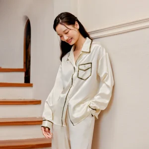 Women 22 Momme 100% Mulberry Silk Pajama Set Luxury Sleepwear Long Sleeve Shirt Pants Suit Elegant Contrast Trim Home Loungewear - AliExpress Women's Sleep & Lounge