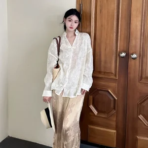 Chinese Sle Embroidered Lace Patchwork irt Women's Loose Fit Long Sve Breathable Skin-Friendly Summer Top - AliExpress Shirts & Blouses