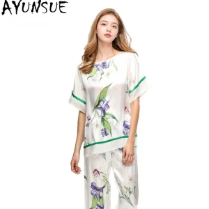 AYUNSUE Natural Mulberry Silk Sleepwear Women 16MM 100% Real Silk Home Clothes Spring Summer Pajama Set Womens Tops Pants Print - AliExpress Women's Sleep & Lounge