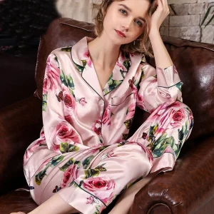 100% Mulberry Silk Pyjama Set Luxury Women Rose Print Nightwear Pajamas Long Sleeve Trousers Homewear Button Down Loungewear - AliExpress Women's Sleep & Lounge