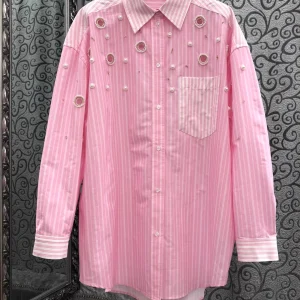 100%Cotton Shirts 2025 Spring Fashion Women Turn-down Collar Striped Print Chest Pocket Beading Deco Long Sleeve Loose Shirts - AliExpress Shirts & Blouses