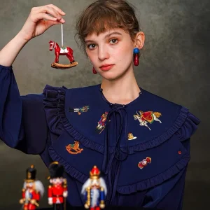 Spring Autumn Original Design Women The Merry-go-round Embroidered Vintage Style Detachable Collar Loose Navy Blue Shirts/Blouse - AliExpress Shirts & Blouses