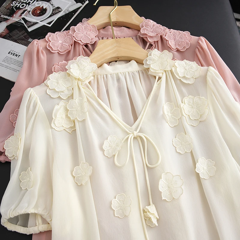 Silk Elegance Women's Shirt V-neck Embroidered Flower Loose Fit Short Sleeve Silk Pure Color Commute Style - AliExpress Shirts & Blouses