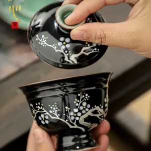 High-End Golden Black Glaze Hand-Painted Plum Blossom Gaiwan Set Cup for Men Women - AliExpress Kitchen,Dining & Bar