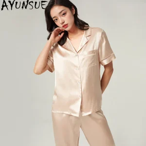 AYUNSUE 19Mm 100% Mulberry Silk Sleepwear Women Summer Home Clothes Pajama Set Short Sleeve Top Casual Pants Pijama Feminino - AliExpress Women's Sleep & Lounge