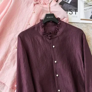 Red Wine Color Shirt Long Sleeve Stand Collar Pearl Fabric Paper Man Earlet Women's Business Casual Polyester Fiber - AliExpress Shirts & Blouses