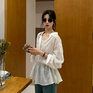 Elegant White Lace Splicing Women's Shirt Slimming Waist Design Gentle Personality Soft Fabric Long Sleeve Loose Fit Shirt - AliExpress Shirts & Blouses