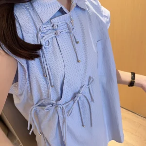 Blue Striped Loose Fit Silk Cotton Shirt with Tassel Button Design Korean Style Commute Fashion Women's Summer Top - AliExpress Shirts & Blouses