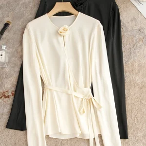 Handmade Silk irt Beautiful Bow Waist Design Straight Cut Long Sve round Ne Pure Color Commute Sle Women's Premium F... - AliExpress Shirts & Blouses