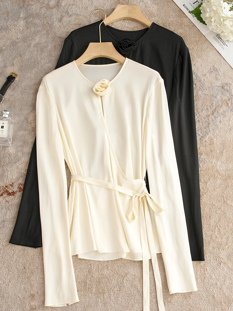 Handmade Silk irt Beautiful Bow Waist Design Straight Cut Long Sve round Ne Pure Color Commute Sle Women's Premium F... - AliExpress Shirts & Blouses