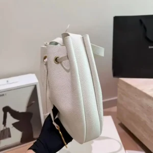 Off White Caviar Leather Drawstring Bucket Hobo Bag, Adjustable Wide Leather Shoulder Strap Bag with Gold Logo Charm, Luxury Designer Inspired Spring Daily Handbag - AliExpress Women's Handbags