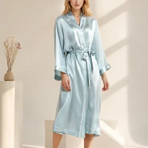 100% Mulberry Silk Nightgown for Summer, Women's Mid-Length Robe with Contrasting Trim, Tie-Waist Silk Loungewear Bathrobe - AliExpress Women's Sleep & Lounge