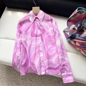 New Fashionable French Pop Style Pink Purple Gradient Wave Printed Shirt Retro Loose Vacation Style Long Sleeve Shirt for Women - AliExpress Shirts & Blouses