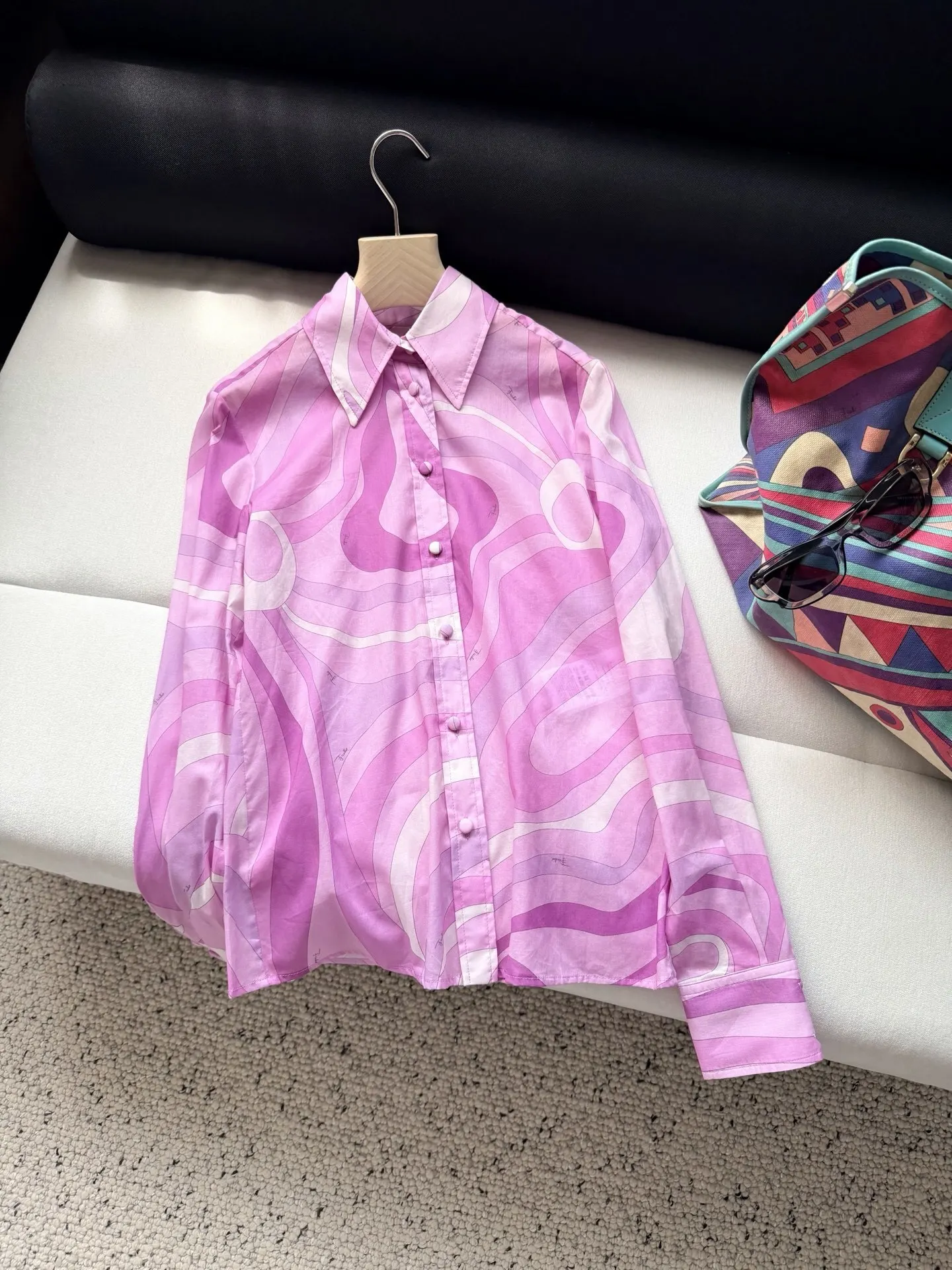 New Fashionable French Pop Style Pink Purple Gradient Wave Printed Shirt Retro Loose Vacation Style Long Sleeve Shirt for Women - AliExpress Shirts & Blouses