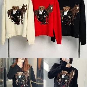 Autumn And Winter Unisex Knitted Sweater Cartoon Bear Rl Large Pattern Heavy Embroidery Long Sleeved Sweater Pullover - AliExpress Sweaters&Jumpers