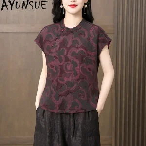 AYUNSUE 100% Real Mulberry Silk Womens Tops Chinese Style T-shirts for Women Summer Printed Vintage Clothing 2026 New Ropa Mujer - AliExpress Shirts & Blouses