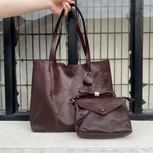 Genuine Vegetable Tanned Leather Tote Bag Women Large Capacity Shoulder Shopper Purse With Pouch Top-Grain Cowhide - AliExpress Women's Handbags