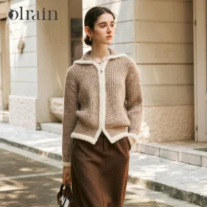 OLrain French Style Brown Cardigan Women 2026 Autumn Fashion Spliced Turn Down Collar Drop Sleeve Zipper Knitwear O56DM95269 - AliExpress Sweaters&Jumpers