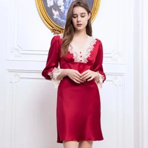 French Style 19 Momme 100% Mulberry Silk Lace Trim Nightdress Long Sleeve Mini Nightgown V Neck Nightshirts Sleepwear Underwear - AliExpress Women's Sleep & Lounge