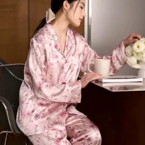 Pink Floral 100% Real Silk Women’s Long Sleeve Lapel Top & Elastic Trousers Pajama Set Spring Elegant Sleepwear Loose Loungewear - AliExpress Women's Sleep & Lounge