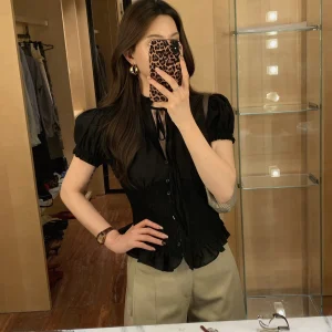 Retro Bubble Sve Tie Waist Slim Fit ort Sve Women's irt Summer Slimming Pleated Dstring Top Korean Sle Commute - AliExpress Shirts & Blouses
