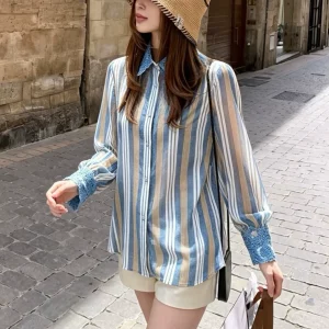 Elegant Blue Striped Women's Blouses And Shirts Chic Embroidered Lace Vintage Shirt Luxury Casual Loose Daily Top - AliExpress Shirts & Blouses