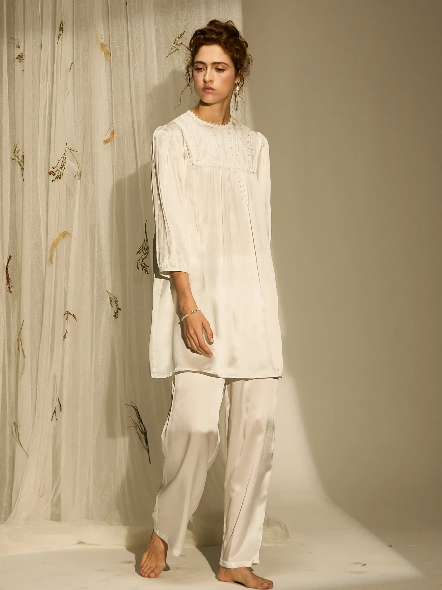 Spring Autumn 100% Mulberry Silk Vintage Long Sleeve Shirt & Trousers Pajama Set Chic Lace Princess Loungewear 2Piece for Women - AliExpress Women's Sleep & Lounge