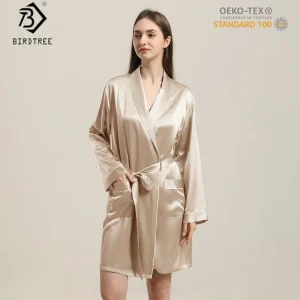 BirdTree, OEKO-TEX, 22MM 100%Silk Night-robe, Women Long Sleeve Sash Morning Robe, Elegant Pajama Robe, 2026 Spring New P64119JF - AliExpress Women's Sleep & Lounge