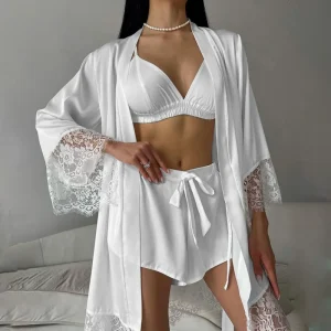 2025 European American New Lace Comfortable Women's Summer Three Piece Set Long Sleeved Underwear Shorts Loose Loungewear L Size - AliExpress Women's Sleep & Lounge