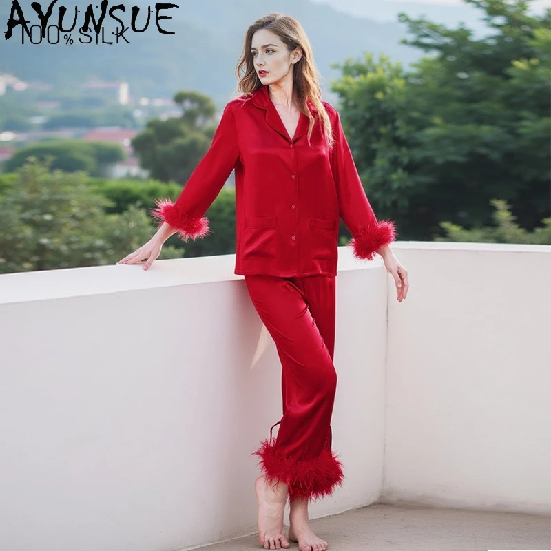 AYUNSUE 19Mm 100% Mulberry Silk Sleepwear Women 2026 Spring Clothes Pajama Set Long Sleeve Top Casual Pants Sets Down Splicing - AliExpress Women's Sleep & Lounge