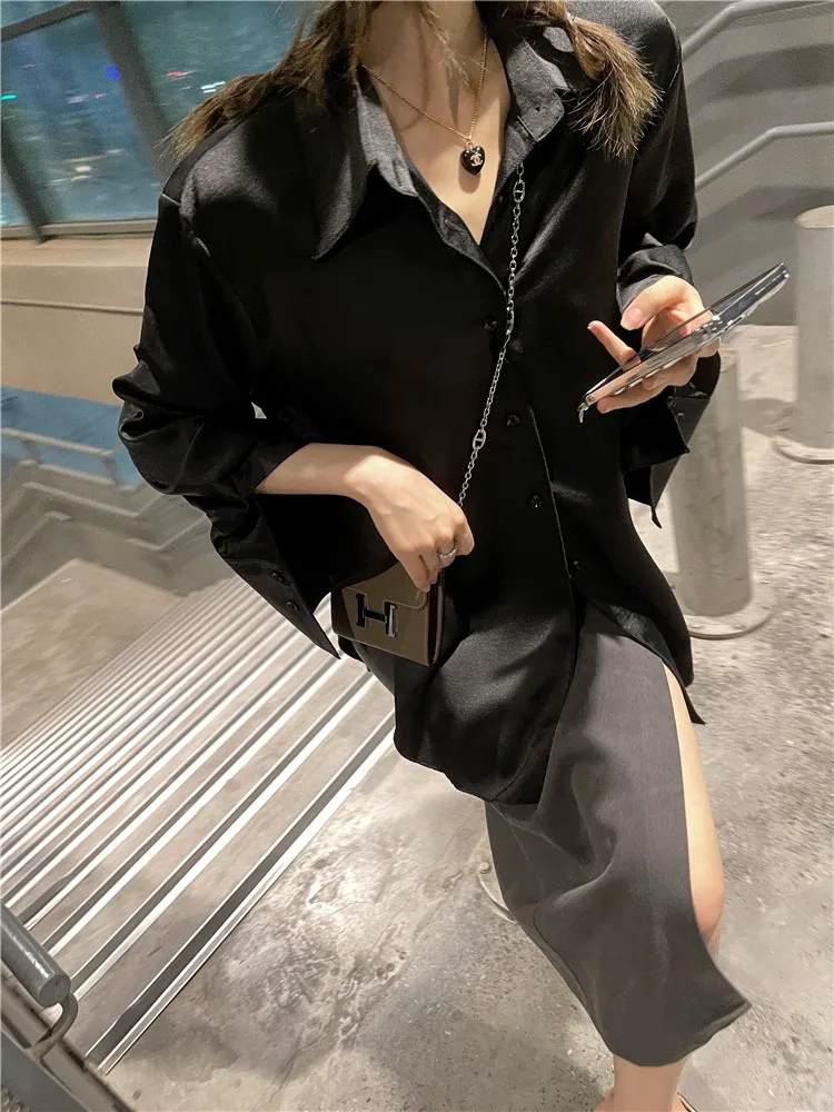 Loose Long Bla Acetate irt Women's Pointed Collar Suit Sle irt Outerwear Slimming Top Faionable Casual Wear - AliExpress Shirts & Blouses