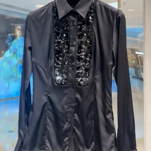 High Quality Women Clothes Long Sleeve Black Satin Silk Blouse Fashion Shining Sequin Elegant Ladies Shirt - AliExpress Shirts & Blouses