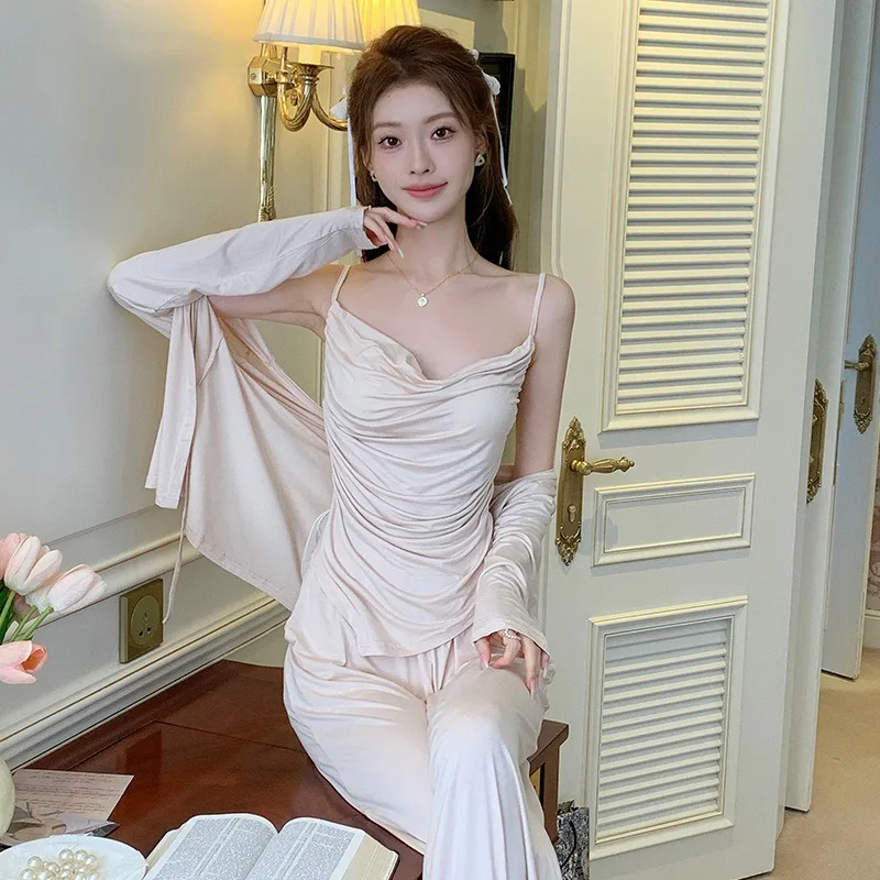 Three Piece Women's French Pajama Set Chest Pads Spring Autumn Sling Vest Indoor Outdoor Wear Comfortable Loungewear XL Size - AliExpress Women's Sleep & Lounge