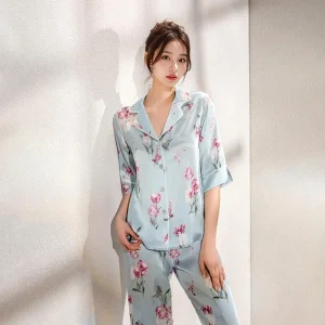 Floral 100% Mulberry Silk Pajama Autumn Women Half Sleeves Sleepwear Sexy Lingerie Lapel Pajama Set Female Home Clothes Pyjamas - AliExpress Women's Sleep & Lounge