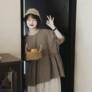 Cute Frock Girl Style Shirt Women's Vintage Pleated Doll Shirt Japanese Plaid Puffy Cotton Linen Blend Loose Fit round Neck - AliExpress Shirts & Blouses
