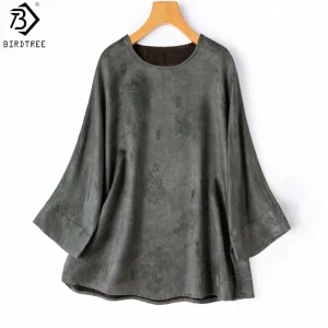 Birdtree, 45MM 100% Silk Blouse, O-neck Raglan Sleeve Top, Women Liaoling Xiangyunsha Reversible Shirt, 2026 Autumn New T67527JF - AliExpress Shirts & Blouses