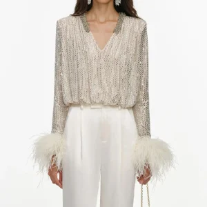 Women Sequin V Neck Blouse Feather Cuff Long Sleeve Top Rhinestone Collar Glitter Wrap Shirt Evening Party Elegant Women Blouse - AliExpress Shirts & Blouses