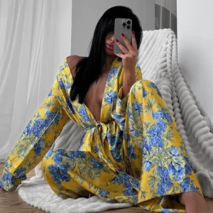 Autumn Winter Women Floral Print Satin Pajama Set Deep V Tie Front Long Sleeve Top Waist Pants Silky Luxury Lounge Nightwear - AliExpress Women's Sleep & Lounge