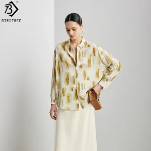 Birdtree, 100% Real Silk Blouse, Print Lapel Thin Tops, Women Double Crepe Full Sleeve Shirt, Commuting Style, 2026 New T63514JF - AliExpress Shirts & Blouses