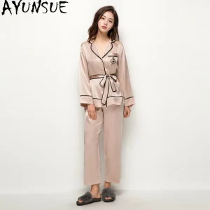 AYUNSUE 19MM 100% Real Mulberry Silk Pajama Set Women Clothes 2026 Summer Casual Pants Long Sleeve Tops Lace-up Pyjama Femme - AliExpress Women's Sleep & Lounge
