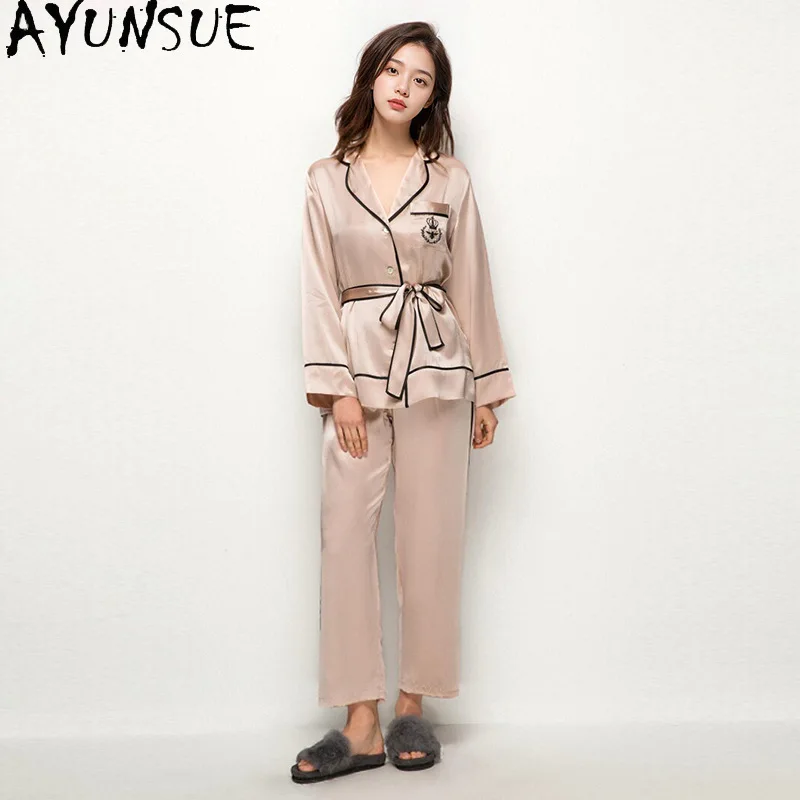 AYUNSUE 19MM 100% Real Mulberry Silk Pajama Set Women Clothes 2026 Summer Casual Pants Long Sleeve Tops Lace-up Pyjama Femme - AliExpress Women's Sleep & Lounge
