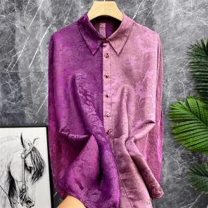 Luxury Silk Shirt Purple Tussah Silk Loose Fit Collar Long Sleeve Printed Patchwork Button Detail Commute Style Women's Top - AliExpress Shirts & Blouses