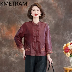 KMETRAM 100% Mulberry Silk Blouses for Women 40MM Silk 2026 Spring New Chinese-style Embroidered Long-sleeved Shirt Ropa Mujer - AliExpress Shirts & Blouses