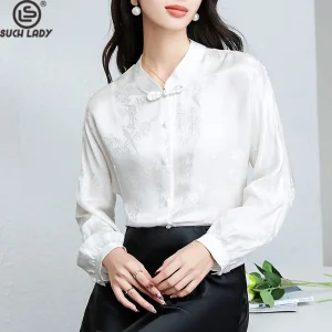 Women's Silk Satin Shirt Stand Collar Long Sleeves Dobby Elegant Chinese Style Blouse Tops - AliExpress Shirts & Blouses