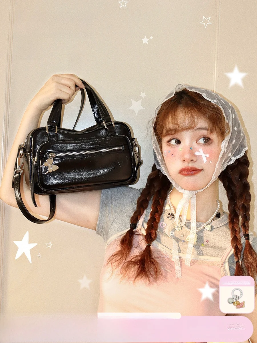 Stylish Punk Fufu Motorcycle Bag Black High-End Sweet Cool Handbag Shoulder Crossbody Bag for Women Rectangular Shape Zipper ... - AliExpress Women's Handbags